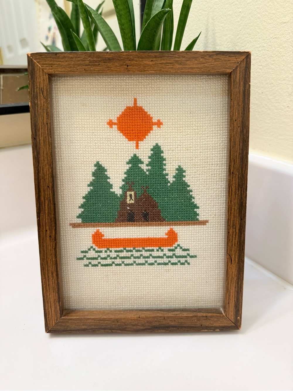 Handmade Forest cabin boat lake Cross-Stitch Wall Art - Green & Orange vintage